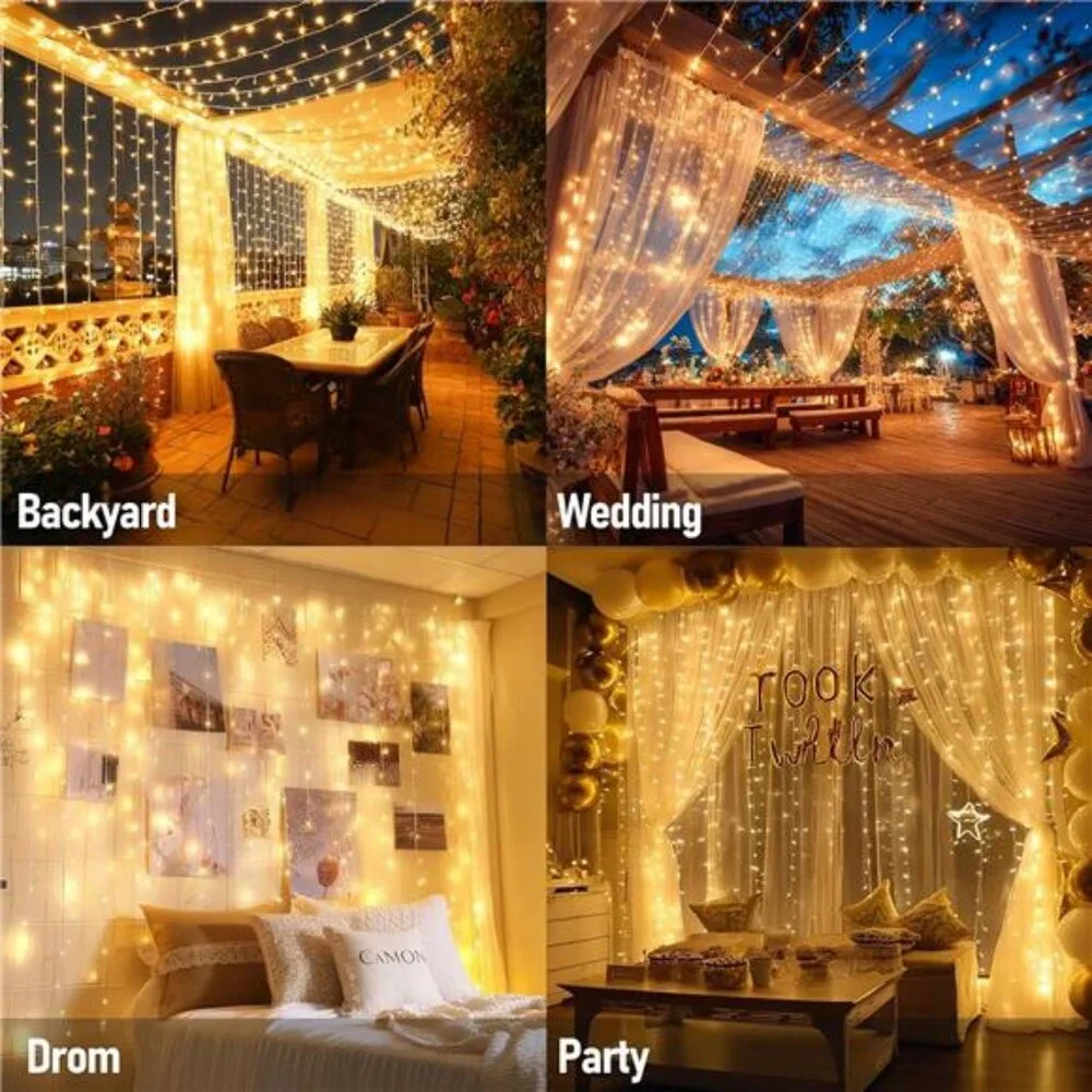 300 LED Curtain Fairy Lights Warm White String Hanging Window Wall Christmas